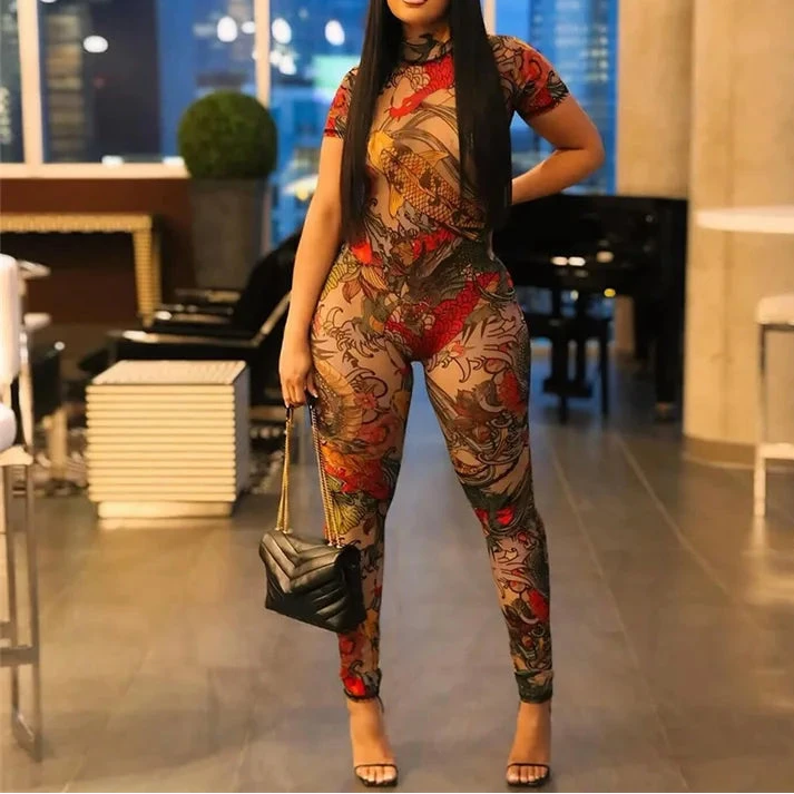 2024 Summer New Women's Sexy Backless Fashion Print Perspective Mesh Club Evening Jumpsuit
