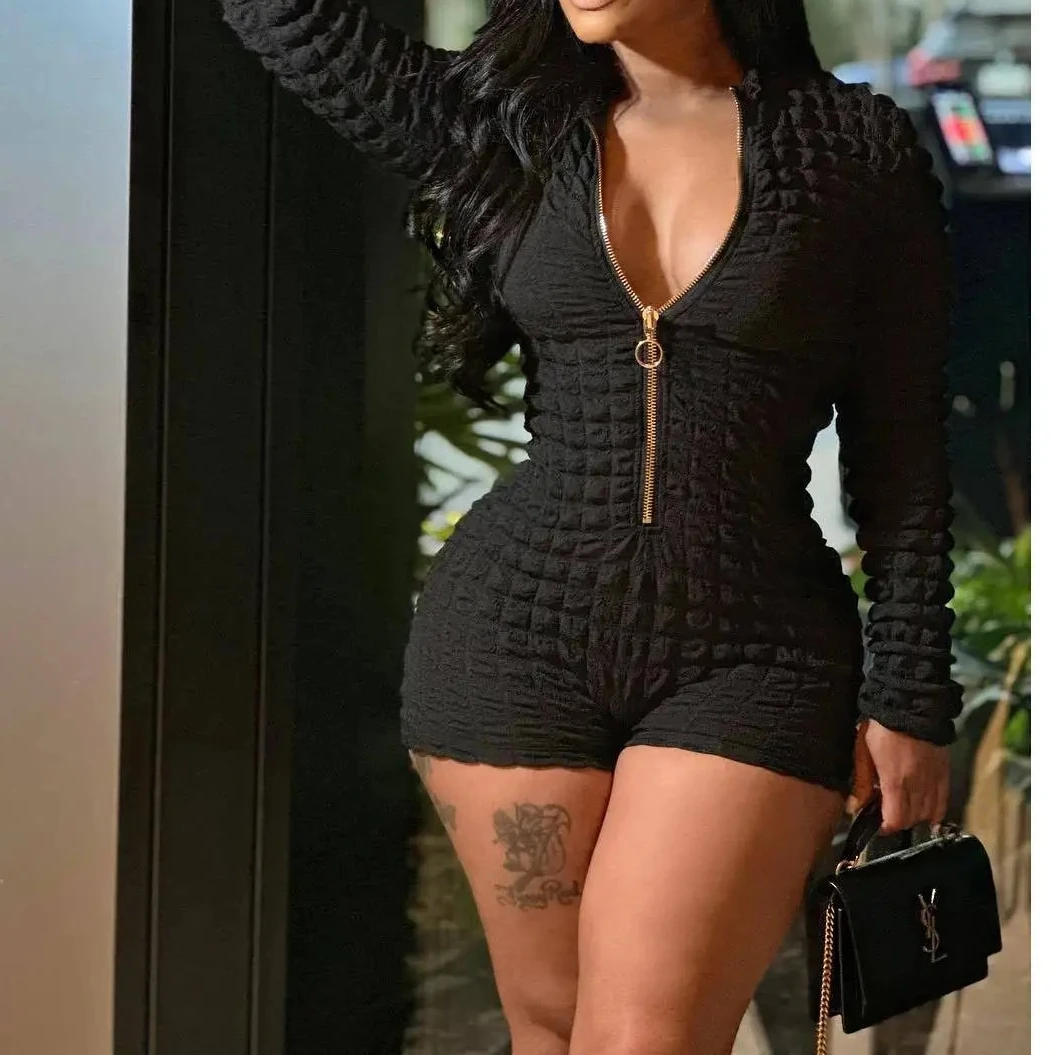 Women's 2023 Long-Sleeved Bodycon Jumpsuit Solid Color Zipper-Neck Casual Knitted 2-Piece Set