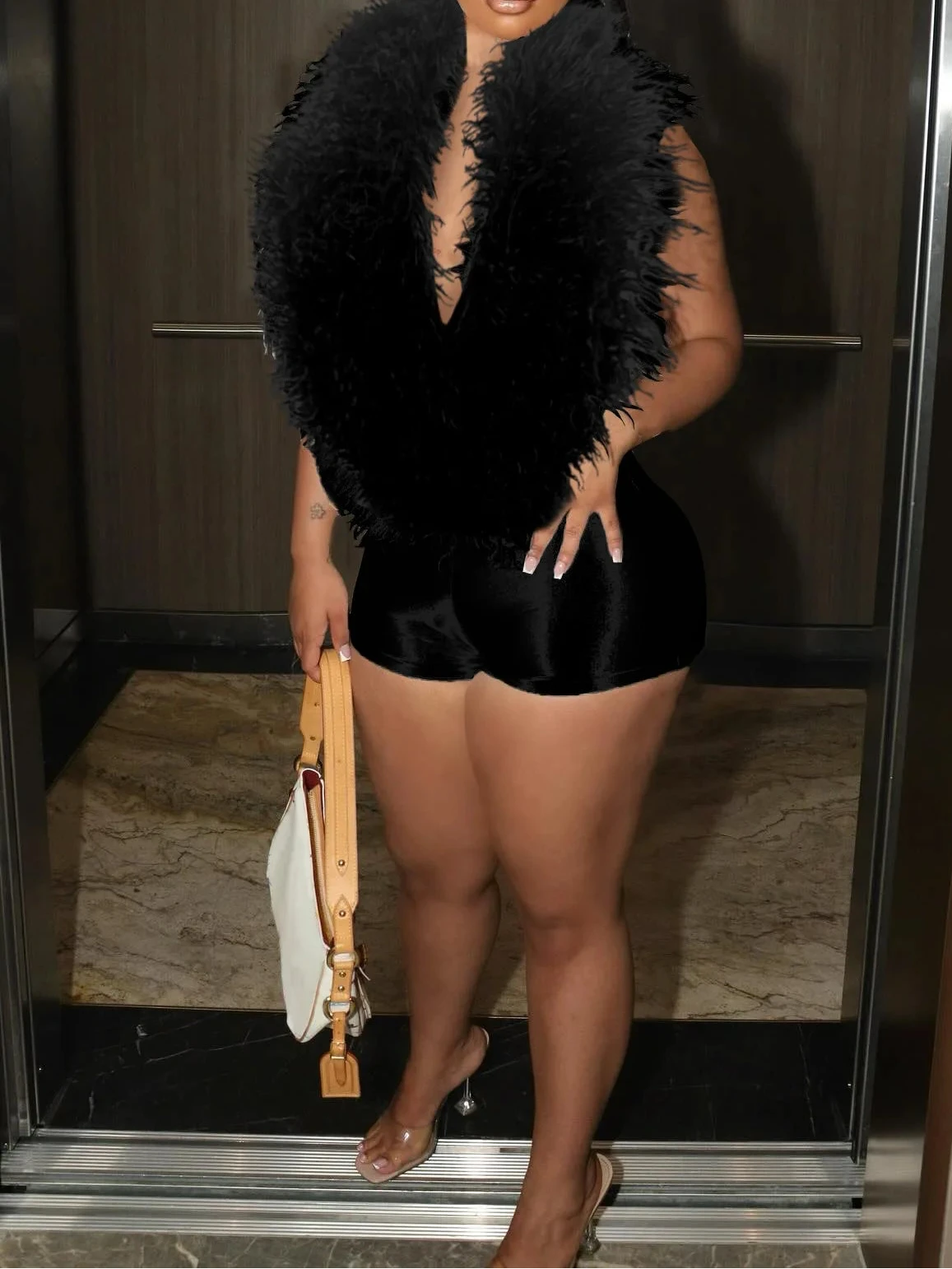 S5026-Women Clothing Wholesale v Neck Fur Short Jumpsuit for Women Sexy Jumpsuits