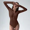 Women's Stylish Nylon Bodysuit with Compression Long Sleeves & Front Button Ribbed Gym Jumpsuit with Winter Print Knee Length